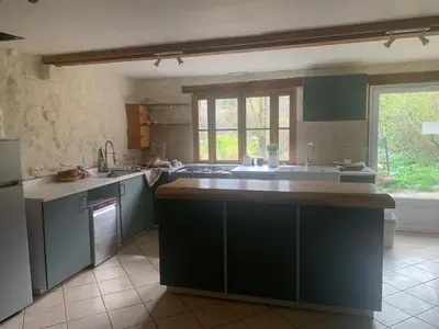 a kitchen with green cabinets and a large island at Gîte de la Bastide - Cabania Pays Cathare in Camps-sur-lʼAgly