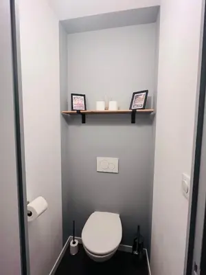 a small bathroom with a toilet and two framed pictures at Le Bastide Cosy in Carcassonne