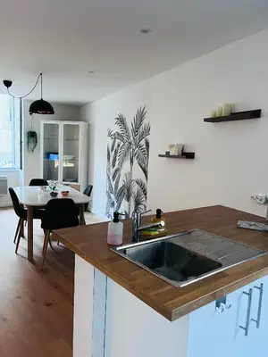 a kitchen with a sink and a dining table at Le Bastide Cosy in Carcassonne