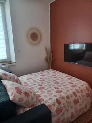 a bedroom with a bed with a flowered comforter at Mazamet - Studio neuf et moderne en centre-ville in Mazamet