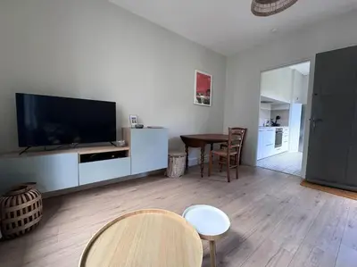 a living room with a flat screen tv and a table at Le Marceau - Maison climatisée avec jardin in Carcassonne