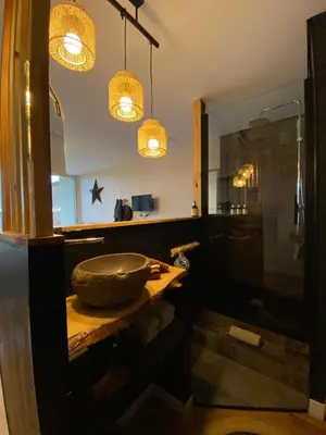 a bathroom with a stone sink and a shower at Panorama Suite & Spa in Carcassonne