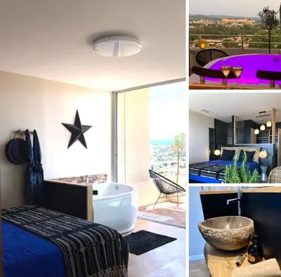two pictures of a bedroom with a bed and a bathroom at Panorama Suite & Spa in Carcassonne