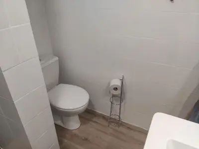a white bathroom with a toilet and a roll of toilet paper at Superbe appartement au cœur du centre ville in Carcassonne