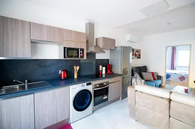 a kitchen with a washer and dryer next to a couch at Superbe appartement à 2 pas des Halles, Climatisé, terrasse, garage in Narbonne