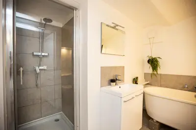 a bathroom with a shower and a sink and a toilet at Beautiful converted one bedroom apartment in Carcassonne