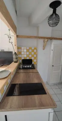 a kitchen with a wooden counter top with a sink at Le Lamourguier in Narbonne