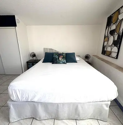 a bedroom with a large white bed with blue pillows at Le Lamourguier in Narbonne