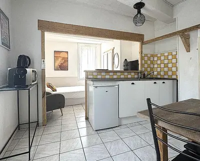 a kitchen with a sink and a table in a room at Le Lamourguier in Narbonne
