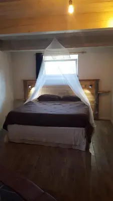 a bedroom with a bed with a mosquito net at Gîte dans ancienne bergerie en pleine garrigue in Fraissé-des-Corbières