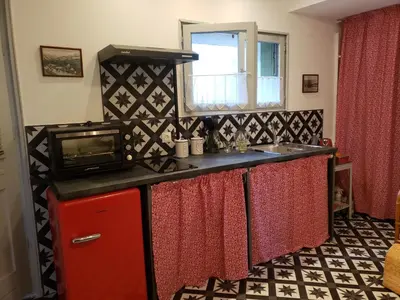 a kitchen with a sink and a microwave at le balcon in Camps-sur-lʼAgly