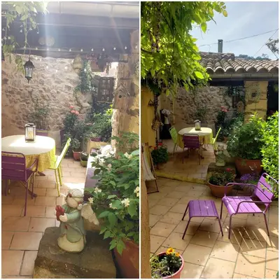 two pictures of a patio with a table and chairs at le balcon in Camps-sur-lʼAgly