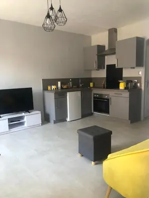 a large kitchen with stainless steel appliances and a television at COLORS by Reine du Sud, proche des Grands Buffets in Narbonne