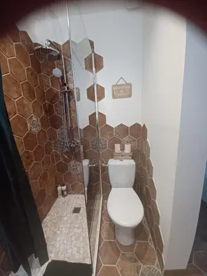 a bathroom with a toilet and a shower at Chambre d'hôte Au Jardin Le clos des vins d'Anges in Saint-Pierre-des-Champs