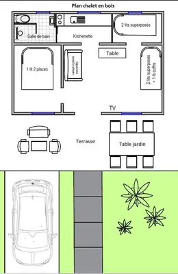 a floor plan of a house with a car at Chalet en bois 