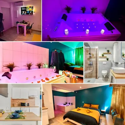 a collage of pictures of a bedroom with a tub at EDEN SUITE - Jacuzzi - Parking - Clim by Narbana in Narbonne