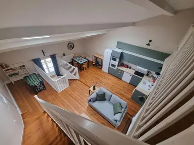an overhead view of a living room with a couch at La Marceline 1 - Appart entre mer et canal du midi en pays Cathare in Saint-Marcel