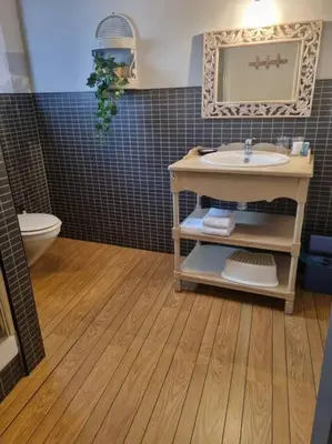 a bathroom with a sink and a toilet at La Marceline 1 - Appart entre mer et canal du midi en pays Cathare in Saint-Marcel