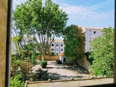 a view of a courtyard with a tree and buildings at Charmant studio, cœur de ville in Narbonne