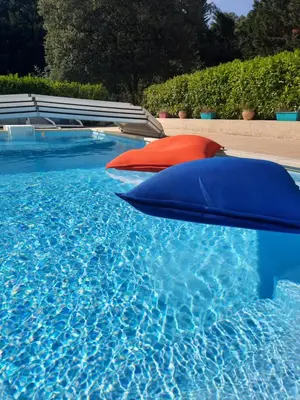 a swimming pool with a red and blue pillow in it at Le lodge des chênes in Brousses-et-Villaret