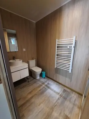 a bathroom with a toilet and a sink and a mirror at Le lodge des chênes in Brousses-et-Villaret