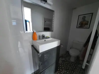 a bathroom with a sink and a mirror and a toilet at Le lodge des chênes in Brousses-et-Villaret