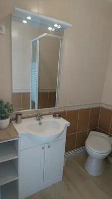 a bathroom with a sink and a toilet and a mirror at Adorable guest house with piscine and spa in Lempaut