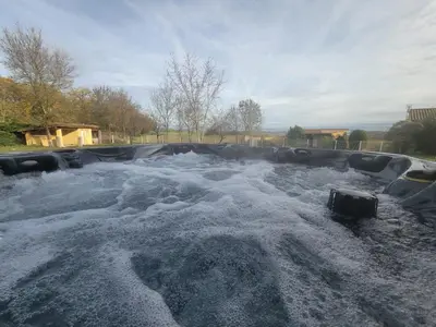 a pool of water with snow on the ground at Adorable guest house with piscine and spa in Lempaut