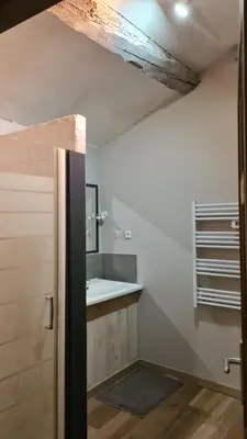 a bathroom with a sink and a mirror at Gîte du caveau in Marcorignan