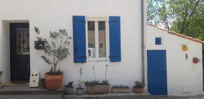 a white house with blue doors and potted plants at Maison Occitane in Saint-Nazaire-dʼAude