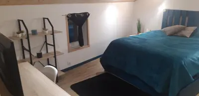 a bedroom with a blue bed and a mirror at Maison Occitane in Saint-Nazaire-dʼAude