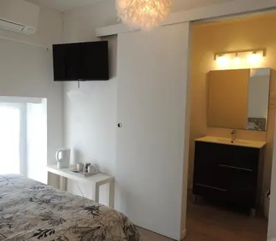 a bedroom with a bed and a sink and a mirror at Les treilles d'en Peyre in Nogaret
