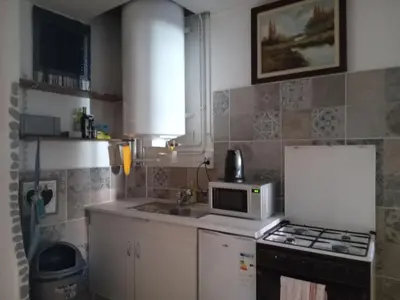 a small kitchen with a microwave and a sink at Joli Studio avec jardin in Espira-de-lʼAgly