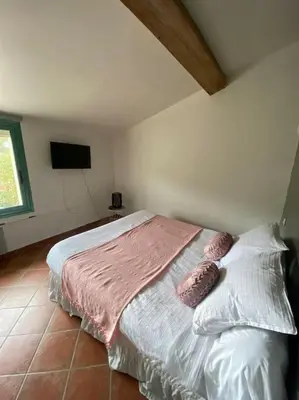 a kitchen with a table and a brick wall at Gite a la ferme avec jacuzzi et sauna in Villefloure