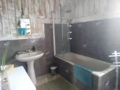 a bathroom with a sink and a bath tub and a toilet at Les chambres de Sophie in Chalabre