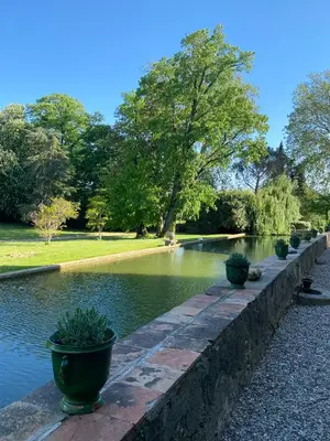 a row of plants on a retaining wall near a pond at Gîte Superbe L'Ecurie XIXème in Sallèles-dʼAude