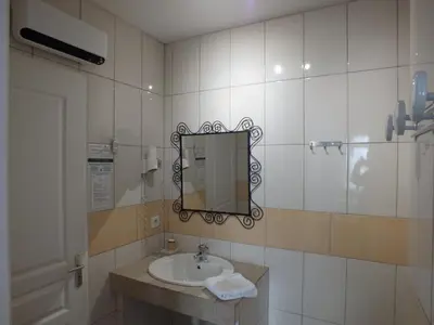 a bathroom with a sink and a mirror at Logis hôtel restaurant Le clos saint loup in Bram