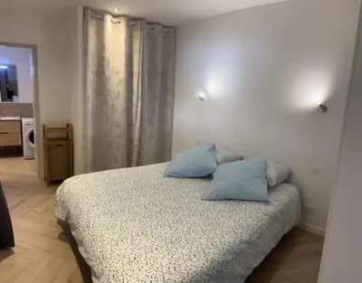 a bedroom with a bed with two blue pillows on it at Appartement Terrasse proche centre et canal in Narbonne