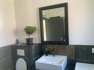 a bathroom with a sink and a mirror and a toilet at Gîte Ardoise in Castelnaudary