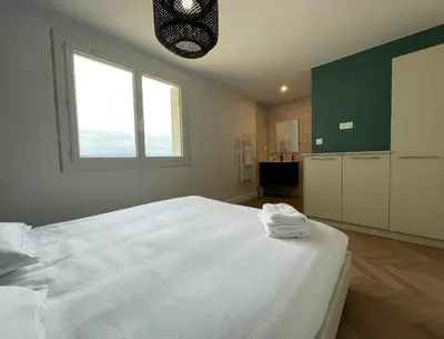 a living room with a green couch and a television at Appartement cosy avec vue imprenable sur la cité in Carcassonne