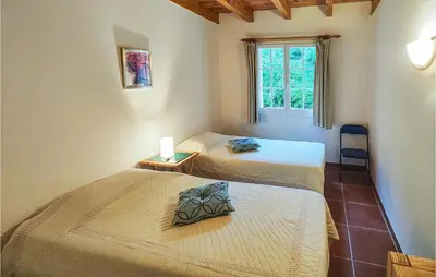 two twin beds in a room with a window at Awesome Home In Ferrières-Poussarou in Ferrières-Poussarou
