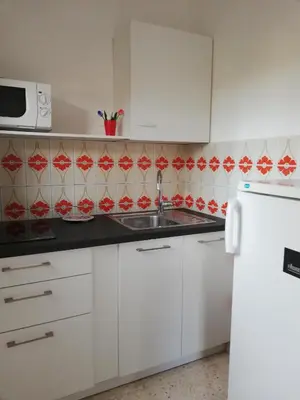 a white kitchen with a sink and a refrigerator at Chez Mi, centre ville, parking gratuit in Saint-Chinian