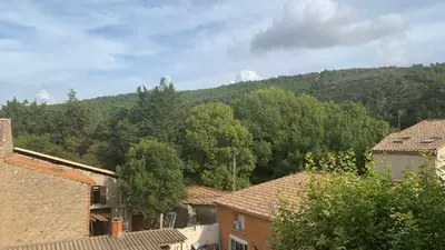 a group of houses and trees with a mountain in the background at Logis de la Foulerie in Bize-Minervois