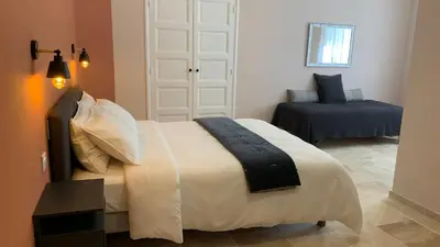a bedroom with a large bed and a door at Logis de la Foulerie in Bize-Minervois