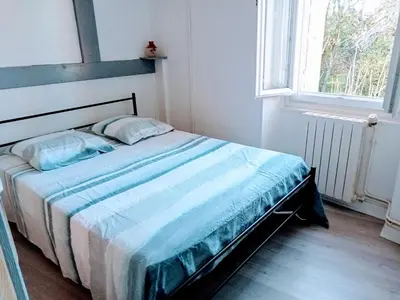 a bedroom with a bed with a blue comforter and a window at Le Patio in Villegailhenc