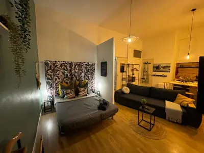 a living room with a bed and a couch at Charmant appartement climatisé aux pieds de la cité in Carcassonne