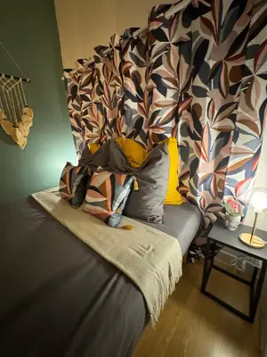 a room with a bed with a colorful curtain at Charmant appartement climatisé aux pieds de la cité in Carcassonne
