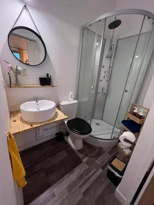 a bathroom with a sink and a toilet and a shower at Charmant appartement climatisé aux pieds de la cité in Carcassonne