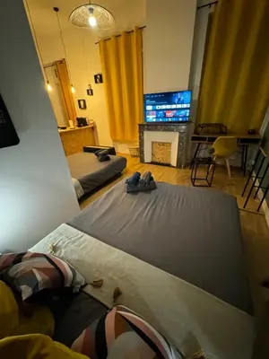 a living room with two beds and a flat screen tv at Charmant appartement climatisé aux pieds de la cité in Carcassonne