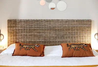 a bed with two tiger pillows on it at Studio avec parking vue sur la Cité de Carcassonne in Carcassonne